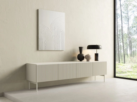 Zestaw mebli Muti beżowy designerska meblościanka do salonu efektowne ryflowania na frontach i korpusach mebli system push to open