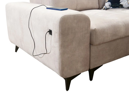 Narożnik z funkcją spania Buffalo XI miodowy prawostronny stylowy narożnik rozkładany z trzema pojemnikami na pościel welurowa tkanina