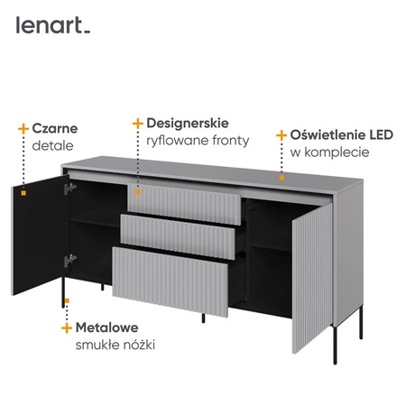 Komoda z szufladami Trend 166 cm szara funkcjonalna komoda o wyjątkowym designie ryflowane fronty z subtelnym oświetleniem