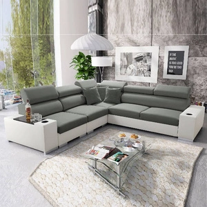 Narożnik z funkcją spania Provo III szary / biały lewostronny narożnik z pojemnikiem na pościel i regulowanymi zagłówkami