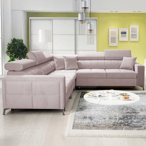 Narożnik z funkcją spania Nausa IV pudrowy róż lewostronny velvet dekoracyjne przeszycia na siedzisku narożnik z pojemnikami na pościel