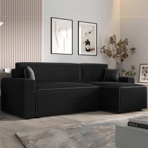 Narożnik z funkcją spania Brandon Bis czarny prawostronny trójwymiarowa tkanina o wyrazistych prążkach pojemnik na pościel