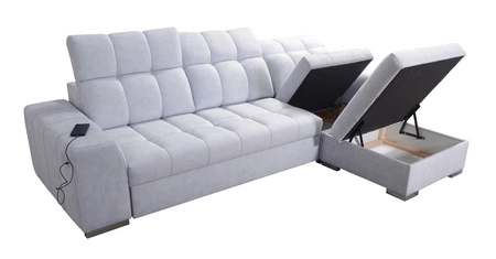 Narożnik z funkcją spania Luigi szary / biały prawostronny narożnik z dwoma pojemnikami na pościel tkanina o ciekawej strukturze