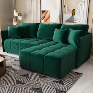 Narożnik z funkcją spania Oroso butelkowa zieleń prawostronny miękka tkanina typu velvet z powłoką hydrofobową pojemnik na pościel