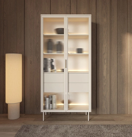 Witryna Lumi 92 cm beżowa designerska witryna z ryflowanym szkłem wewnętrzne szuflady z systemem push to open oświetlenie LED