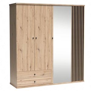 Szafa z lustrem Cali 200 cm dąb artisan / czarny drzwi szafy ozdobione lamelami w kolorze dębu czarne uchwyty pojemne szuflady