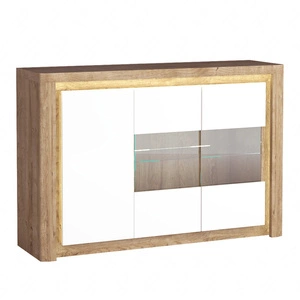 Komoda Livinio 144 cm dąb ribbeck / biały połysk elegancka komoda z przeszklonym frontem i oświetleniem LED idealna do jadalni