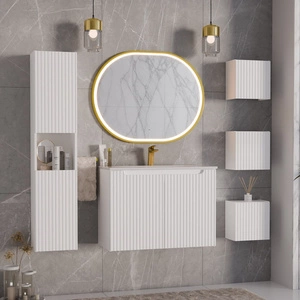 Zestaw mebli łazienkowych Nova biały designerskie pionowe ryflowania na frontach mebli podkreślone frezowanymi uchwytami