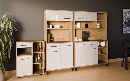 Zestaw mebli kuchennych Vento 270 cm dąb lancelot / biały połysk zestaw z szafką na kółkach idealne do aranżacji małego aneksu kuchennego