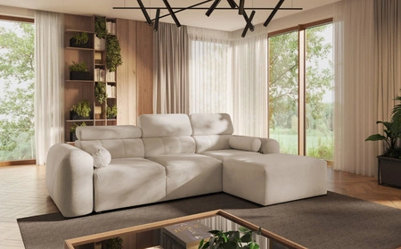 Narożnik z funkcją spania Cantare beżowy prawostronny funkcjonalny i komfortowy narożnik o nowoczesnym designie pluszowa tkanina