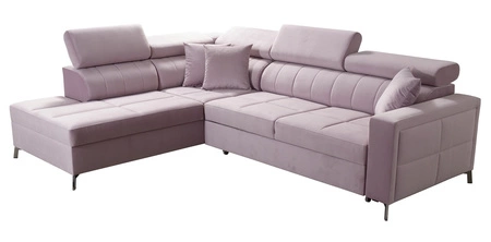 Narożnik z funkcją spania Nausa III grafitowy lewostronny velvet stylowy komfortowy narożnik regulowane zagłówki pojemnik na pościel