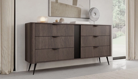 Komoda z szufladami Veris 163 cm dąb dunin / czarny oryginalny design komoda wsparta na wysokich metalowych nogach zaoblony kształt