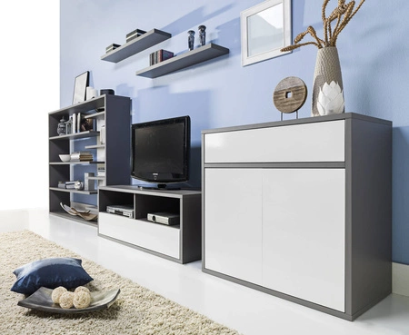 Komoda z szufladą Yugo 90 cm w kolorze popiel / biały połysk nowoczesny oraz funkcjonalny mebel do salonu pokoju młodzieżowego lub biura