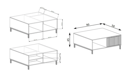 Stolik kawowy Linka beżowy geometryczna forma połączona z funkcjonalnością stolik do salonu z szufladą ozdobne frezowania