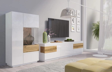 Komoda wysoka Silke 80 cm biała / biały połysk / dąb wotan lewa stylowy design elegancka komoda z przeszkleniem system push to open