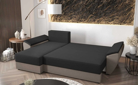 Narożnik z funkcją spania Fogu II niebieski lewostronny stylowy narożnik z komfortowymi podłokietnikami i pojemnikiem na pościel