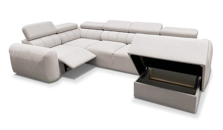 Narożnik z funkcją spania Cantare IV Lux ciemny beż prawostronny starannie wykonany narożnik do salonu z podnoszonym podnóżkiem