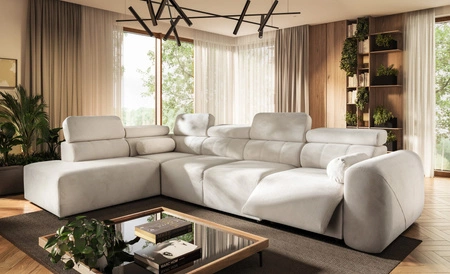 Narożnik z funkcją spania Cantare XI Lux kremowy lewostronny komfortowy narożnik do salonu z podnoszonym podnóżkiem miękka tkanina