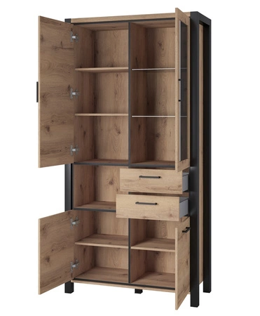 Witryna Aktiv 100 cm dąb taurus / czarny stylowy design bezpieczne szkło hartowane witryna z szufladą w stylu industrialnym