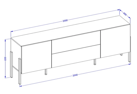 Szafka RTV Jukon 204 cm biała elegancka forma szafki z szufladami w nowoczesnym stylu system otwierania push to open metalowe czarne nogi