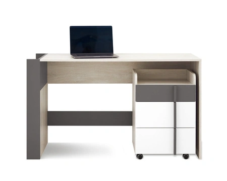Biurko Remona 130 cm dąb wilton biały / biały / antracyt z szafką na kółkach stylowe oraz funkcjonalne do biura gabinetu lub pokoju młodzieżowego