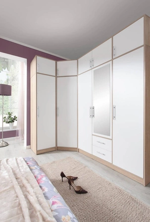 Szafa z lustrem Caspe 150 cm dąb sonoma jasny / biała nowoczesny design wykończenie ABS oraz aluminiowe uchwyty