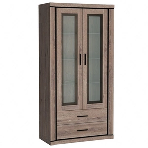 Witryna Dallas 97 cm dąb truflowy / czarny stylowa witryna z szufladami do salonu elementy z bezpiecznego szkła stylowe czarne uchwyty