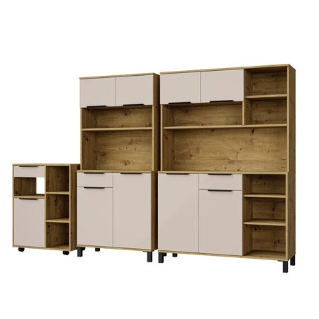 Zestaw mebli kuchennych Soela 270 cm dąb artisan / beżowy zestaw z szafką na kółkach idealne do aranżacji małego aneksu kuchennego