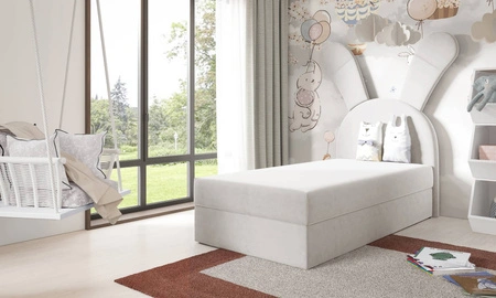 Łóżko kontynentalne Beti 100x200 białe wyjątkowe łóżko do pokoju dziecięcego uroczy wysoki zagłówek w kształcie króliczka