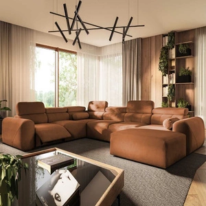 Narożnik z funkcją spania Cantare VIII Lux ceglasty prawostronny designerski narożnik z elektrycznie podnoszonym podnóżkiem