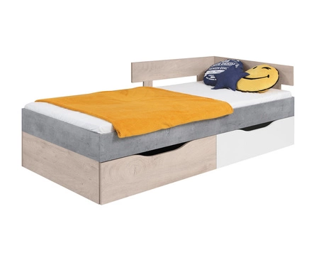 Łóżko z szufladami Epsilon 90x200 cm beton / białe / dąb nowoczesny design łóżka obrzeża wykończone specjalną okleiną ABS