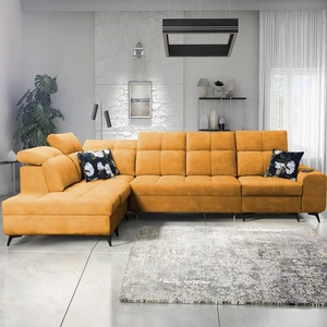 Narożnik z funkcją spania Buffalo XI żółty lewostronny stylowy narożnik rozkładany z trzema pojemnikami na pościel welurowa tkanina