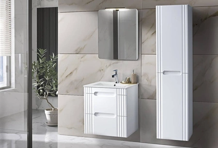 Szafka pod umywalkę Fiji White 60 cm biała nowoczesny design szafki z szufladami stylowe ryflowanie na frontach frezowane uchwyty