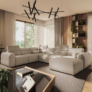 Narożnik z funkcją spania Cantare VIII beżowy prawostronny gustowny narożnik z regulowanymi zagłówkami pojemniki na pościel