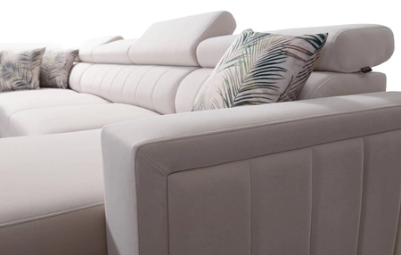 Narożnik z funkcją spania Savona VI jasny brąz prawostronny elegancki i komfortowy narożnik do salonu z dwoma pojemnikami na pościel