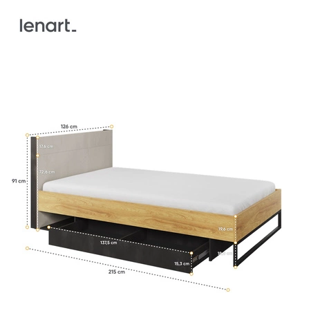 Łóżko Teen Flex 120x200 cm hikora naturalna / silk flou / raw steel komfortowe łóżko z podświetlanym zagłówkiem pojemna szuflada