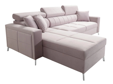 Narożnik z funkcją spania Nausa granatowy lewostronny velvet stylowy komfortowy narożnik regulowane zagłówki pojemnik na pościel