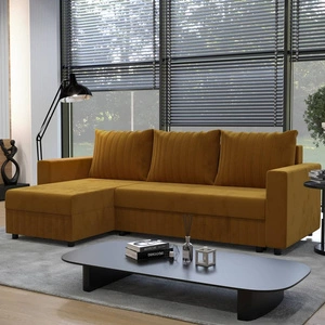 Narożnik z funkcją spania Pasco miodowy lewostronny klasyczny narożnik wpisujący się w każdą aranżację dekoracyjne przeszycia