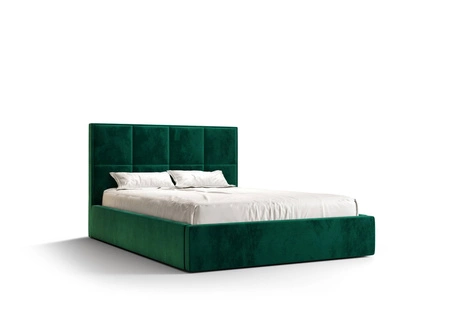 Łóżko tapicerowane Aresa 160x200 z pojemnikiem butelkowa zieleń w nowoczesnym skandynawskim stylu z wygodnym zagłówkiem