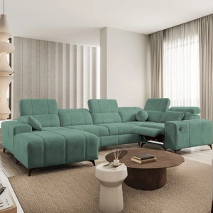 Narożnik z funkcją spania Penejos IV Lux zielony lewostronny stylowy narożnik rozkładany z komfortowym wysuwanym podnóżkiem