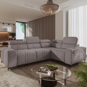 Narożnik z funkcją spania Castel II szary brąz prawostronny komfortowy narożnik z regulowanymi zagłówkami pojemnik na pościel