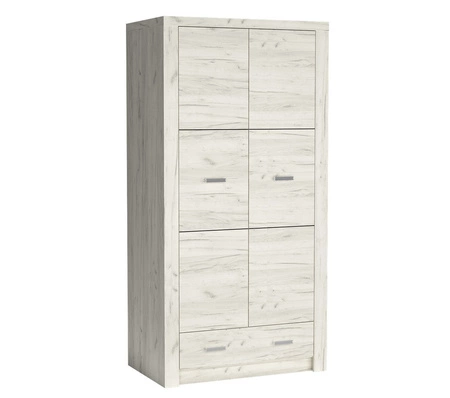 Zestaw mebli do sypialni Indiana jesion jasny wyszukana stylistyka mebli ozdobna deska na frontach oświetlona LED subtelne srebrne uchwyty