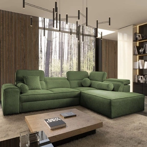 Narożnik z funkcją spania Viano VII zielony prawostronny modny i stylowy narożnik z regulowanymi zagłówkami ozdobne poduszki