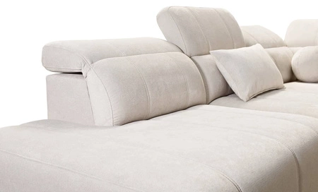 Narożnik z funkcją spania Penejos IX niebieski lewostronny stylowy narożnik z pojemnikami na pościel wygodne regulowane zagłówki