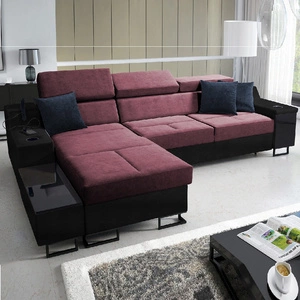 Narożnik z funkcją spania Alcamo burgundowy / czarny lewostronny stylowy narożnik z dostawką praktyczna szuflada w boczku mebla