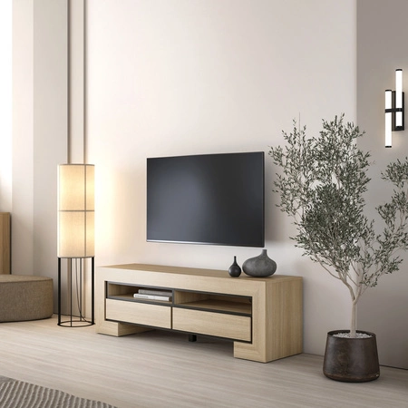 Szafka RTV Cuba 160 cm dąb samdal gustowna stylistyka szafki wzbogacona o stylowe czarne dodatki idealna do salonu frezowane uchwyty