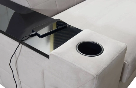 Narożnik z funkcją spania Belvi III oliwkowy prawostronny komfortowy i elegancki narożnik do salonu z praktycznym schowkiem w boczku