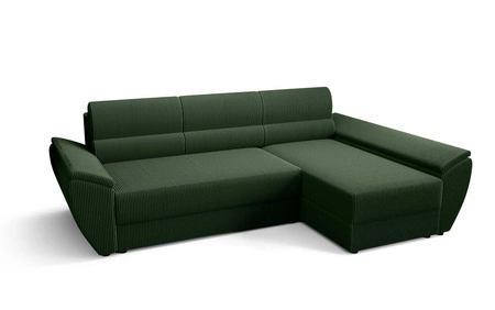 Narożnik z funkcją spania Fogu III zielony prawostronny stylowy narożnik z podłokietnikami i pojemnikiem na pościel sztruksowa tkanina