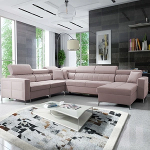 Narożnik z funkcją spania Nausa VII pudrowy róż prawostronny elegancki narożnik do salonu wykonany z miękkiej tkaniny typu velvet