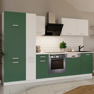 Zestaw mebli kuchennych z blatem Toni 300 cm biały / pastelowy zielony meble doskonale prezentują się w nowoczesnych wnętrzach